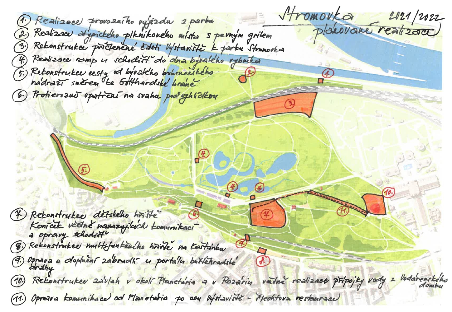 Plánované realizace OCP MHMP v Královské Oboře  Stromovce v roce 2021 a 2022, or.mapa