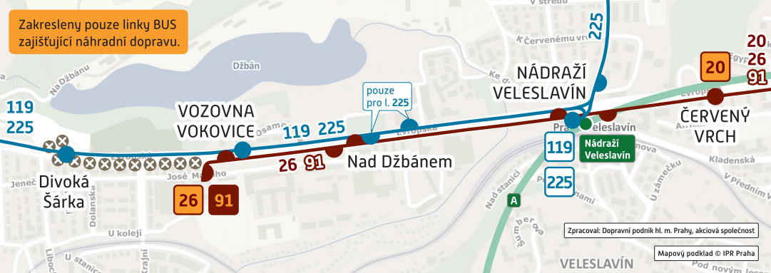 Mapka s vyznačením úseku bez provozu tramvají