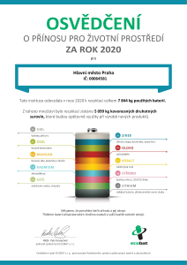 Osvědčení - sběr použitých baterií v roce 2020