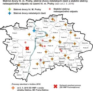 Sběrné dvory HMP, sběrné dvory MČ a stabilní sběrny nebezp.odpadu na území města, stav od 4. 5. 2016