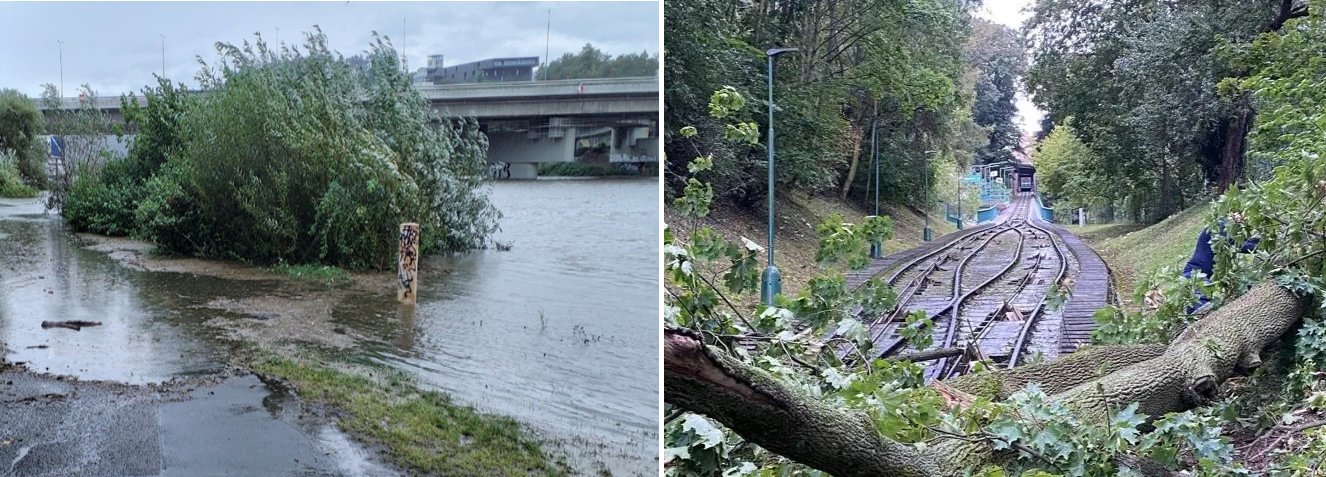 Vltava v Braníku      -                                                                                                   Spadlé stromy na trať lanovky na Petřín        