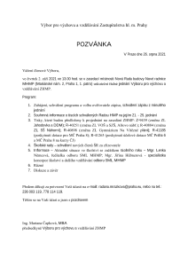 Pozvánka na jednání výboru, které se koná dne 2. 9. 2021