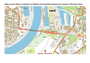 Mapky s vyznačením míst osazení zábran na vjezdech na Libeňský most a vyznačením rozmístění informací o uzavírce Libeňského mostu