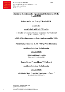 Zahájení školního roku v pražských školách ve středu  1. září 2021