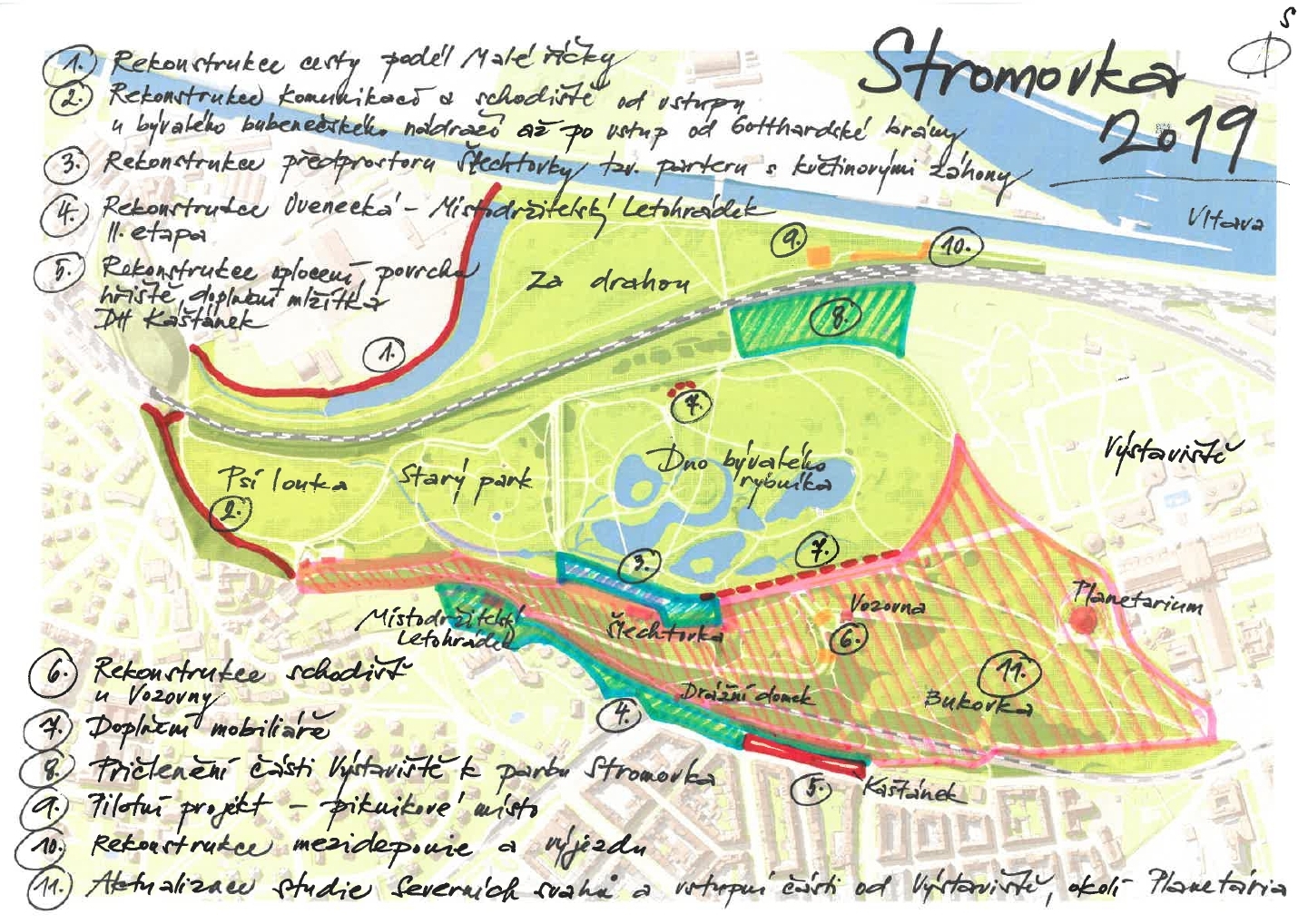 Stromovka, projekty připravované v roce 2019, orientační mapa