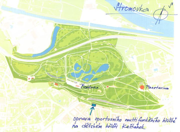 Oprava sportovního multifunkčního hřiště na dětském hřišti Kaštánek, orientační mapka 7/2023