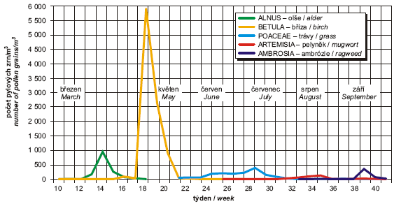 Obr. Koncentrace pylových alergenů, Praha 2006 