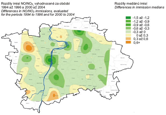 Rozdílové mapy CO, NO2, PM10 a mapa hodnot NO/NO2 zpracovaná pro druhou etapu měření