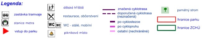 Letenské sady, legenda k orientační mapce